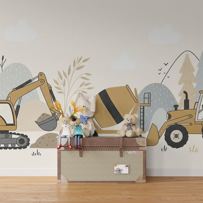 Papier peint chambre enfant | Véhicules de chantier dans un décor naturel