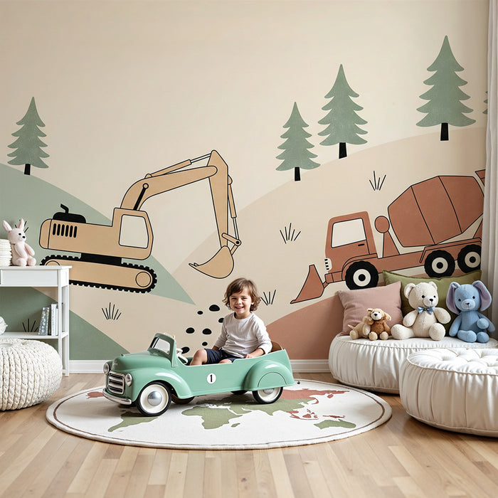 Papier peint chambre enfant | Véhicules de chantier dans un paysage naturel