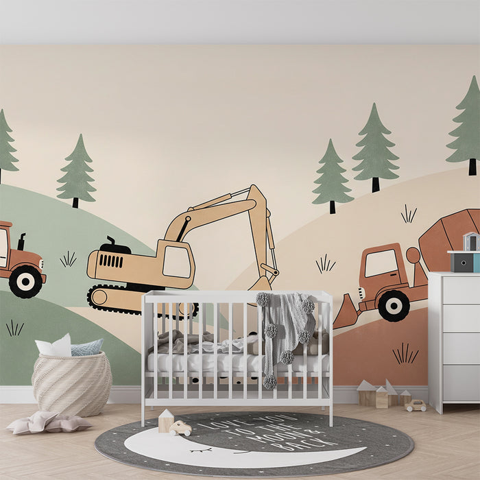 Papier peint chambre enfant | Véhicules de chantier dans un paysage naturel