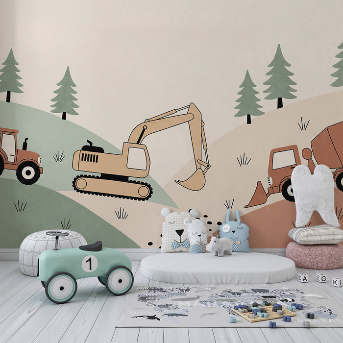 Papier peint chambre enfant | Véhicules de chantier dans un paysage naturel