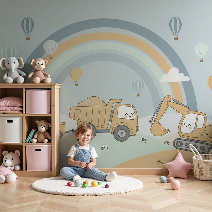 Children's bedroom wallpaper | Happy construction vehicles under a rainbow