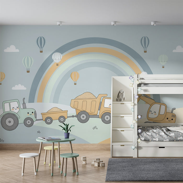 Children's bedroom wallpaper | Happy construction vehicles under a rainbow