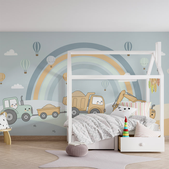 Children's bedroom wallpaper | Happy construction vehicles under a rainbow
