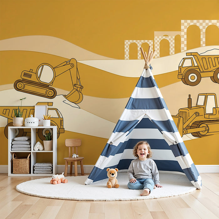 Papier peint chambre enfant | Véhicules de chantier sur fond sable