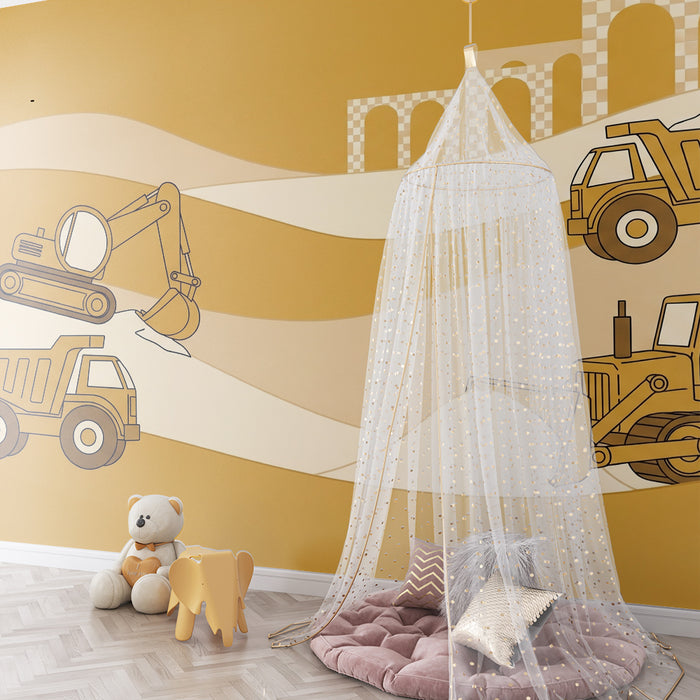 Papier peint chambre enfant | Véhicules de chantier sur fond sable