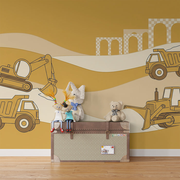 Papier peint chambre enfant | Véhicules de chantier sur fond sable