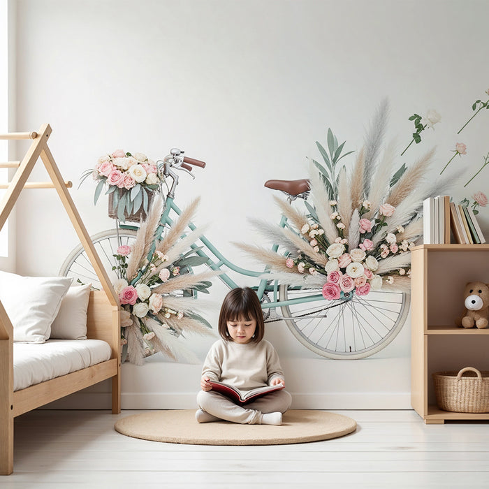 Papel pintado infantil | Bicicleta floral con rosas y hierbas delicadas