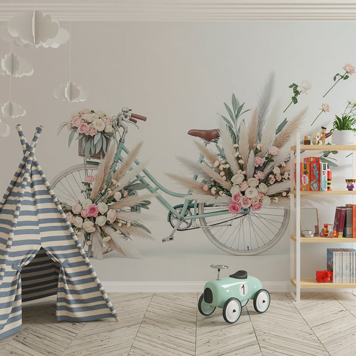 Papel pintado infantil | Bicicleta floral con rosas y hierbas delicadas