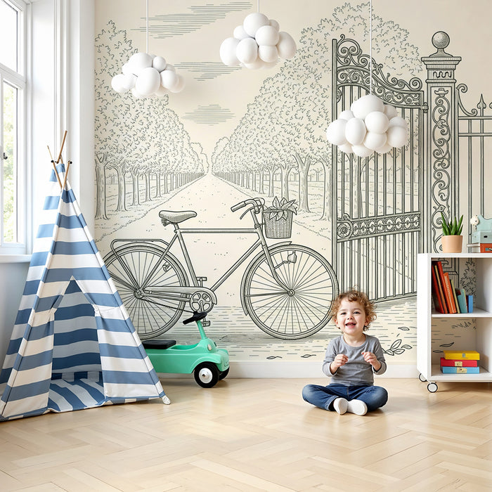**Text tradus:**

Tapet cameră copii | Bicicletă vintage și alee mărginită de copaci

**Slug (pentru SEO):** tapet-camera-copii-bicicleta-vintage-si-alee-marginita-de-copaci