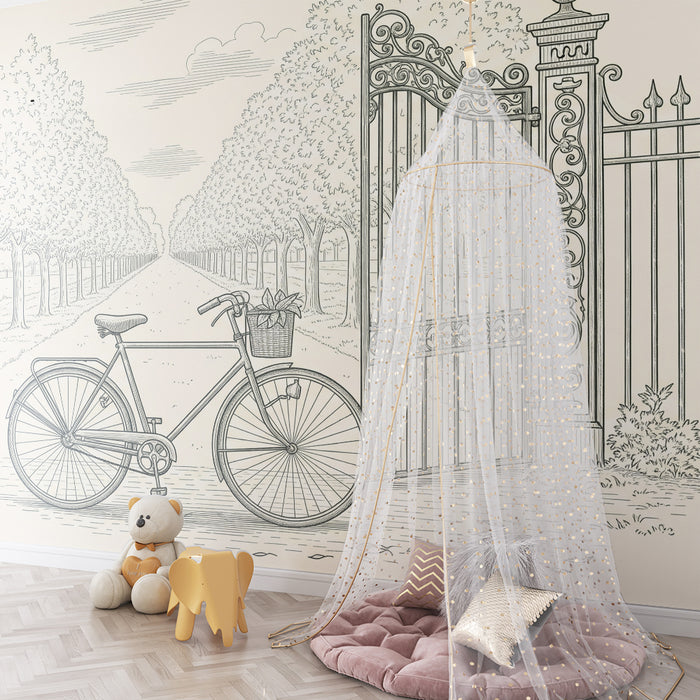 **Text tradus:**

Tapet cameră copii | Bicicletă vintage și alee mărginită de copaci

**Slug (pentru SEO):** tapet-camera-copii-bicicleta-vintage-si-alee-marginita-de-copaci