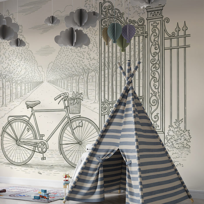 **Text tradus:**

Tapet cameră copii | Bicicletă vintage și alee mărginită de copaci

**Slug (pentru SEO):** tapet-camera-copii-bicicleta-vintage-si-alee-marginita-de-copaci