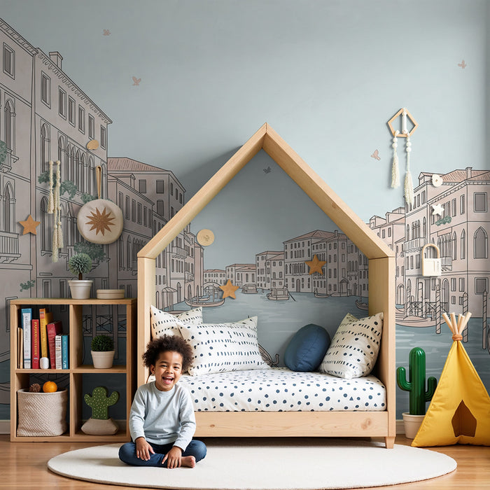 Papier peint chambre enfant | Venise romantique avec gondoles et architecture délicate
