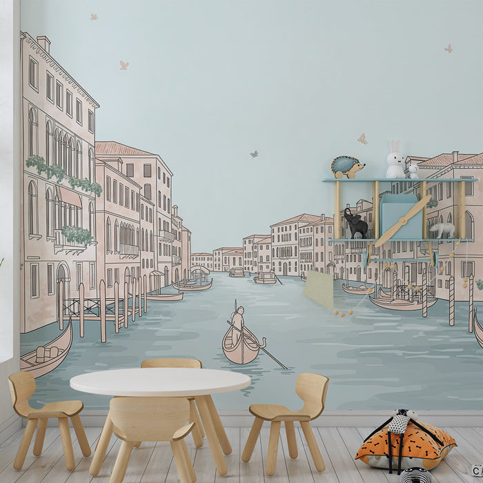 Papier peint chambre enfant | Venise romantique avec gondoles et architecture délicate
