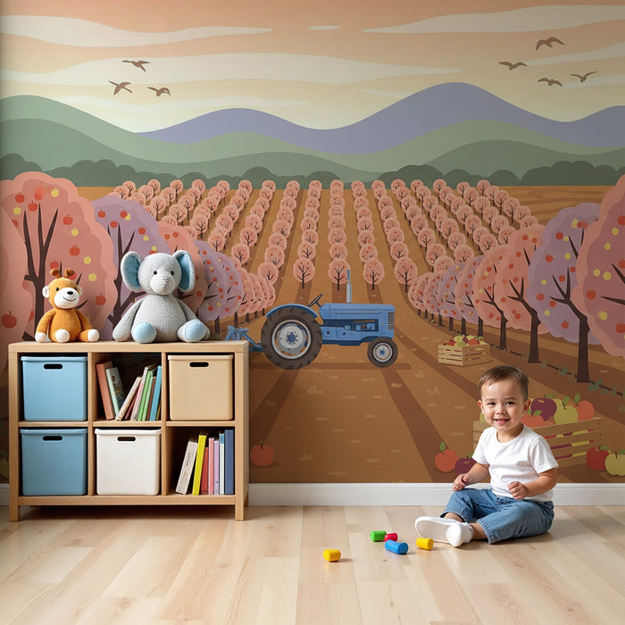 Kinderkamer behang | Kleurrijke boomgaard met tractor en appelbomen
