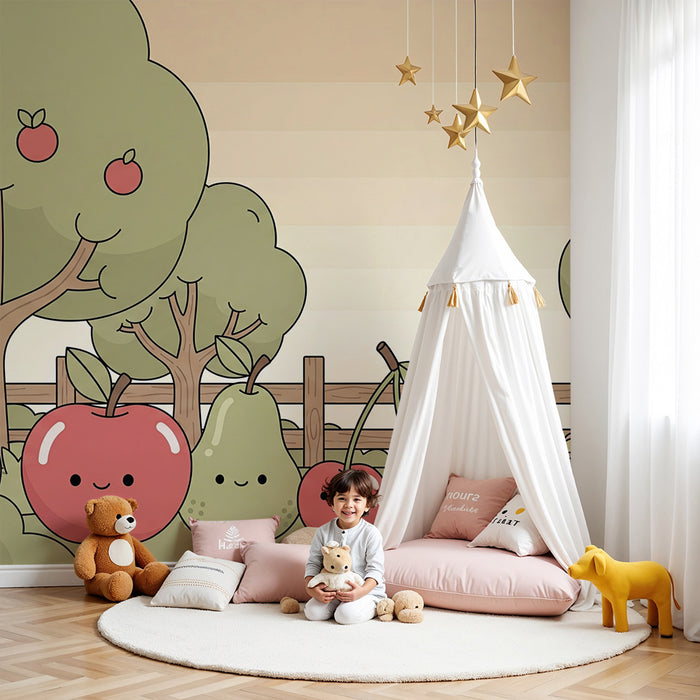 Papel de parede para quarto de criança | Pomar alegre com frutas sorridentes e árvores frondosas