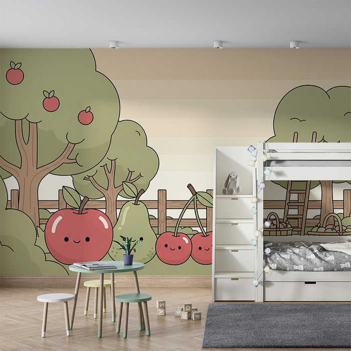 Papel de parede para quarto de criança | Pomar alegre com frutas sorridentes e árvores frondosas