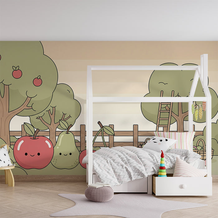 Papel de parede para quarto de criança | Pomar alegre com frutas sorridentes e árvores frondosas