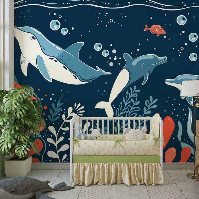 Kinderzimmer Tapete | Bunte Unterwasserwelt mit Delfinen und Fischen