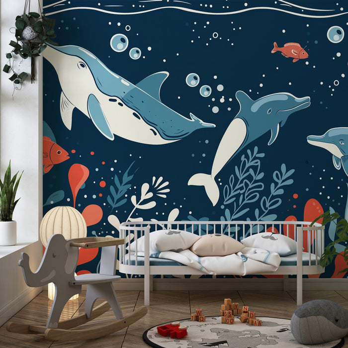 Kinderzimmer Tapete | Bunte Unterwasserwelt mit Delfinen und Fischen