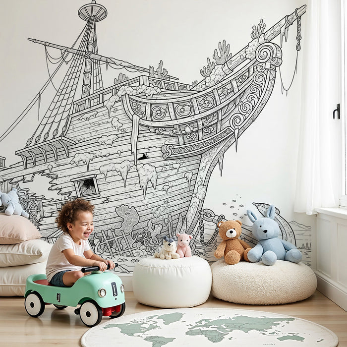 Kinderzimmer-Tapete | Altes Piratenschiff auf dem Meeresgrund