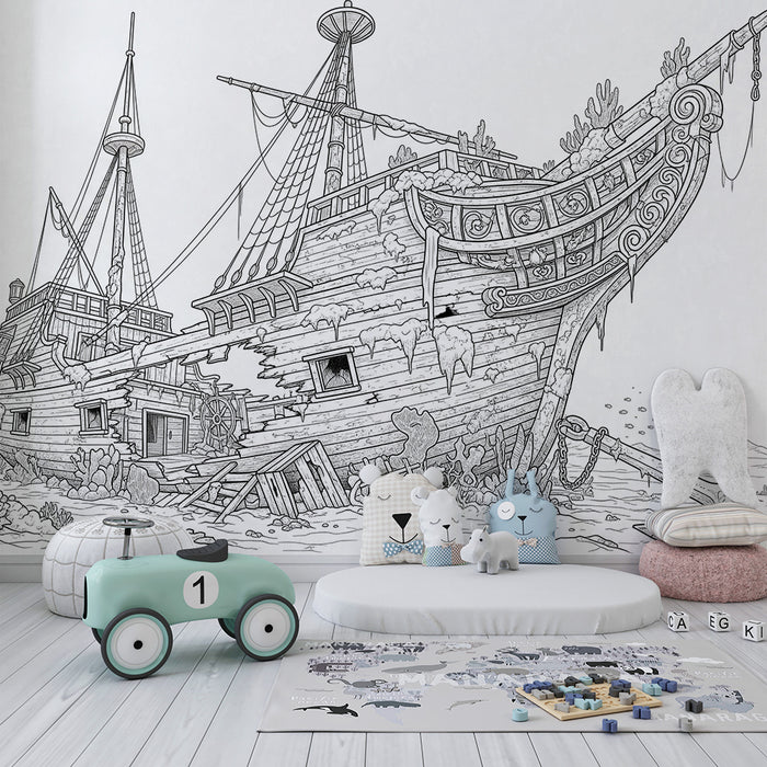 Kinderzimmer-Tapete | Altes Piratenschiff auf dem Meeresgrund
