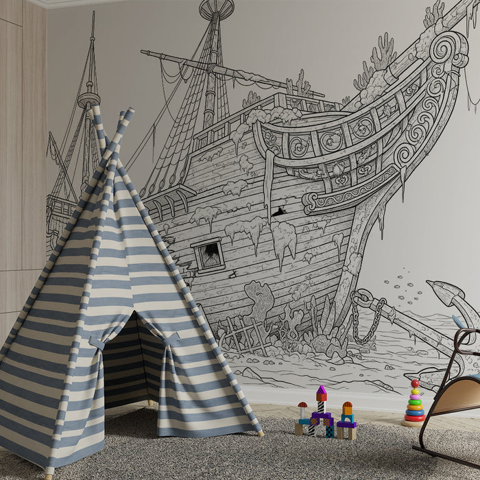 Kinderzimmer-Tapete | Altes Piratenschiff auf dem Meeresgrund