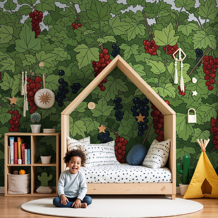 Papel de parede para quarto de criança | Vinha colorida com uvas vermelhas e pretas