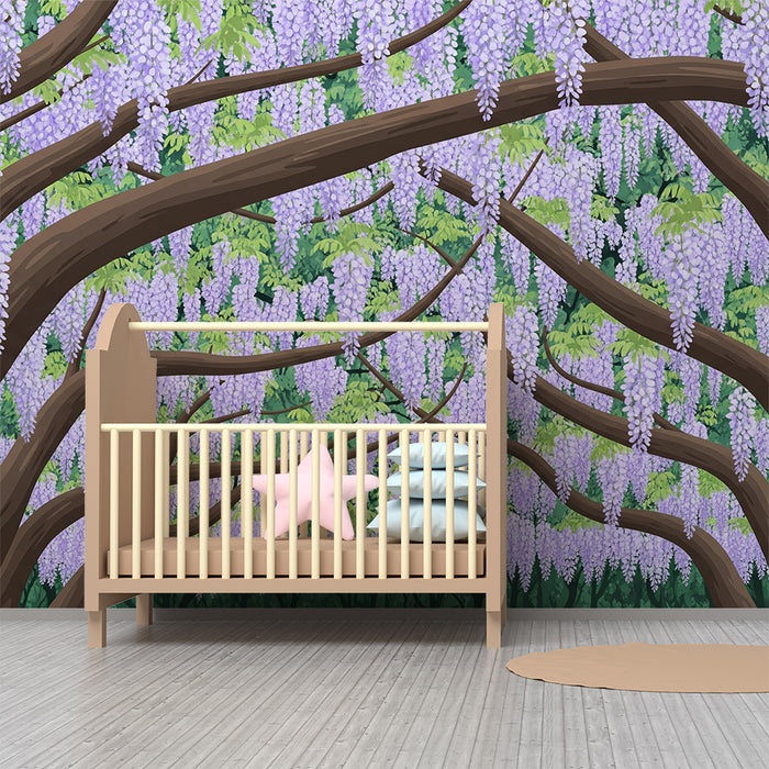Kinderzimmer Tapete | Blühende Glyzinienranke unter grünem Himmel