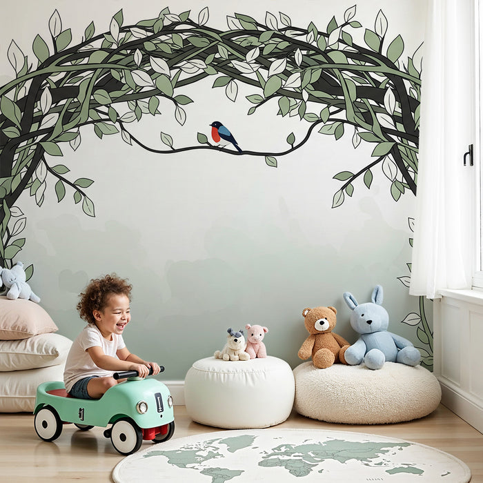 Papier peint chambre enfant | Vigne délicate avec un oiseau coloré