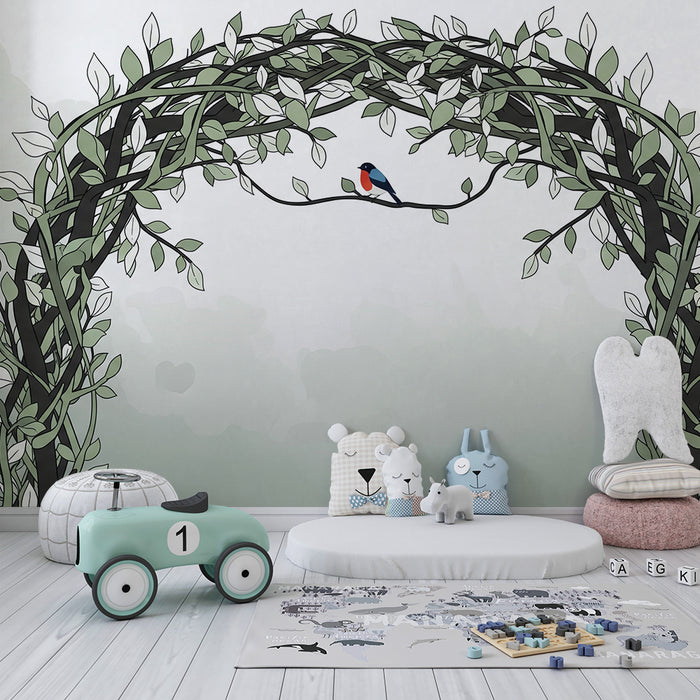 Papier peint chambre enfant | Vigne délicate avec un oiseau coloré