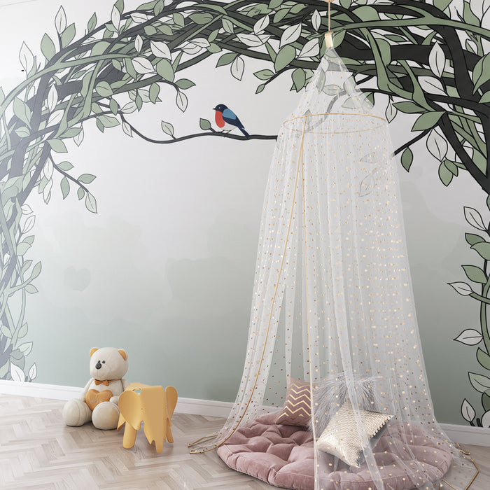 Papier peint chambre enfant | Vigne délicate avec un oiseau coloré