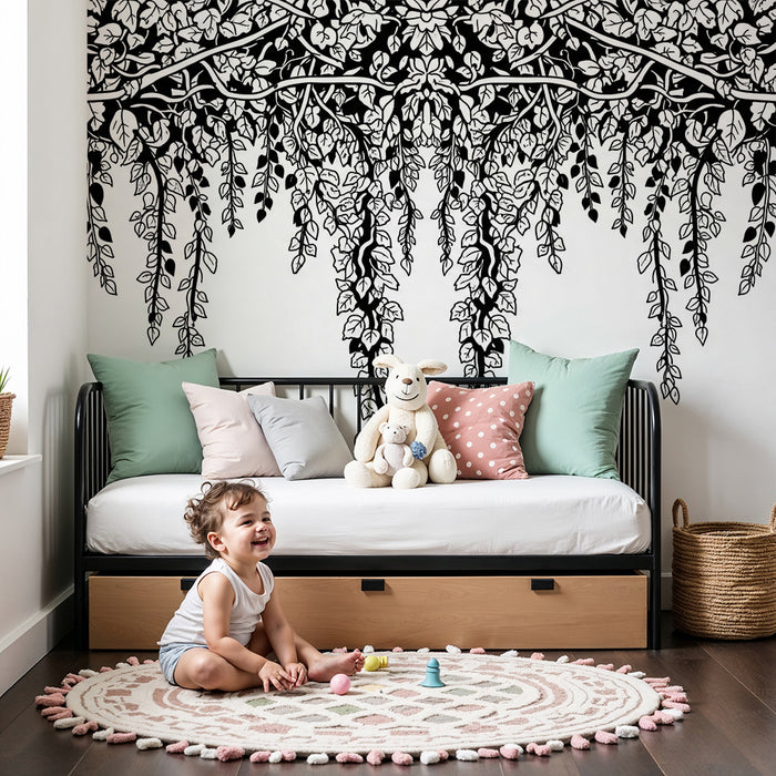 Kids room wallpaper | Elegant vine and delicate foliage in black and white
