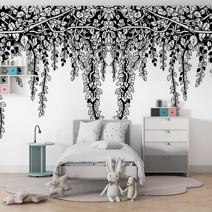Kids room wallpaper | Elegant vine and delicate foliage in black and white