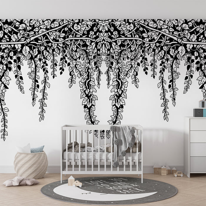 Kids room wallpaper | Elegant vine and delicate foliage in black and white