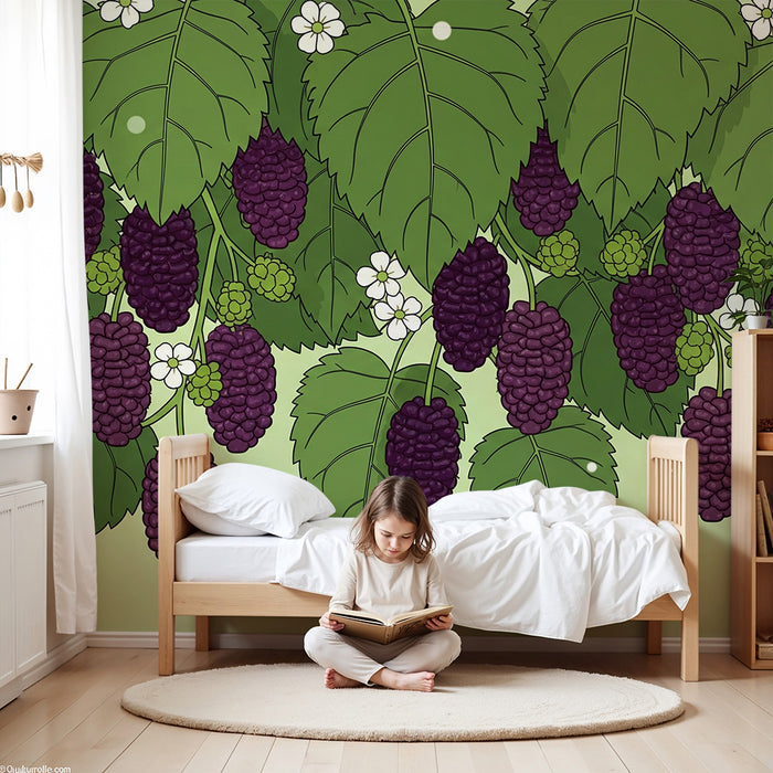 Papel de parede para quarto de criança | Vinha com frutos e flores brancas