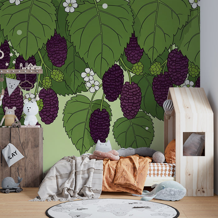 Papel de parede para quarto de criança | Vinha com frutos e flores brancas
