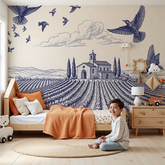 Papier peint chambre enfant | Vignoble paisible avec oiseaux en vol
