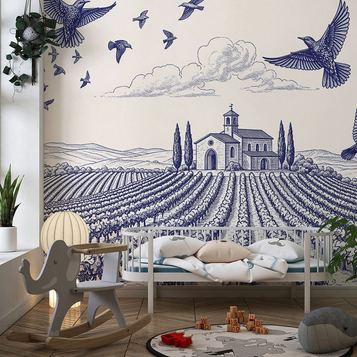 Papier peint chambre enfant | Vignoble paisible avec oiseaux en vol