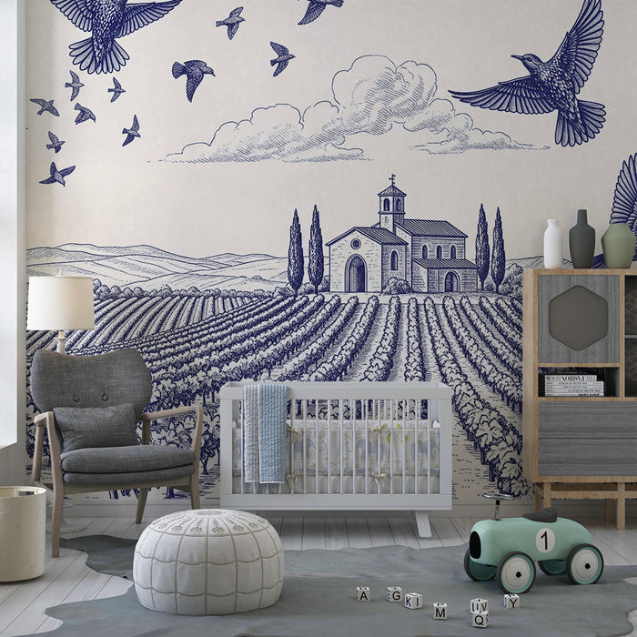 Papier peint chambre enfant | Vignoble paisible avec oiseaux en vol