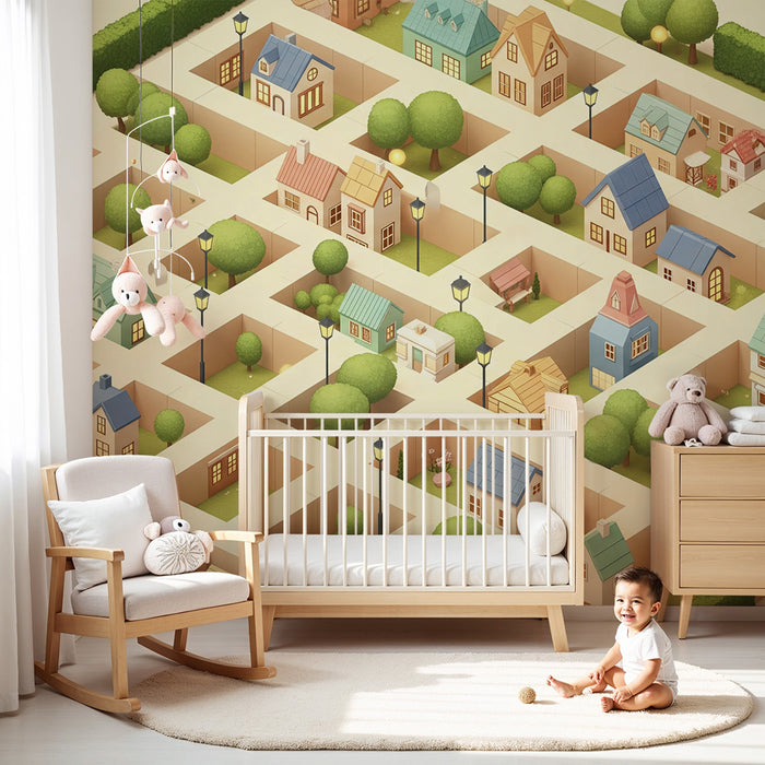 Barntapet | Färgstarkt bysamhälle med hus och träd