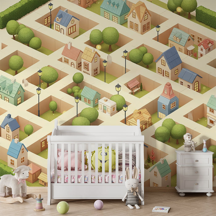 Barntapet | Färgstarkt bysamhälle med hus och träd