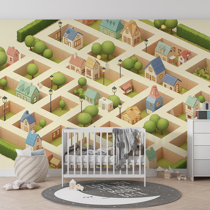 Barntapet | Färgstarkt bysamhälle med hus och träd