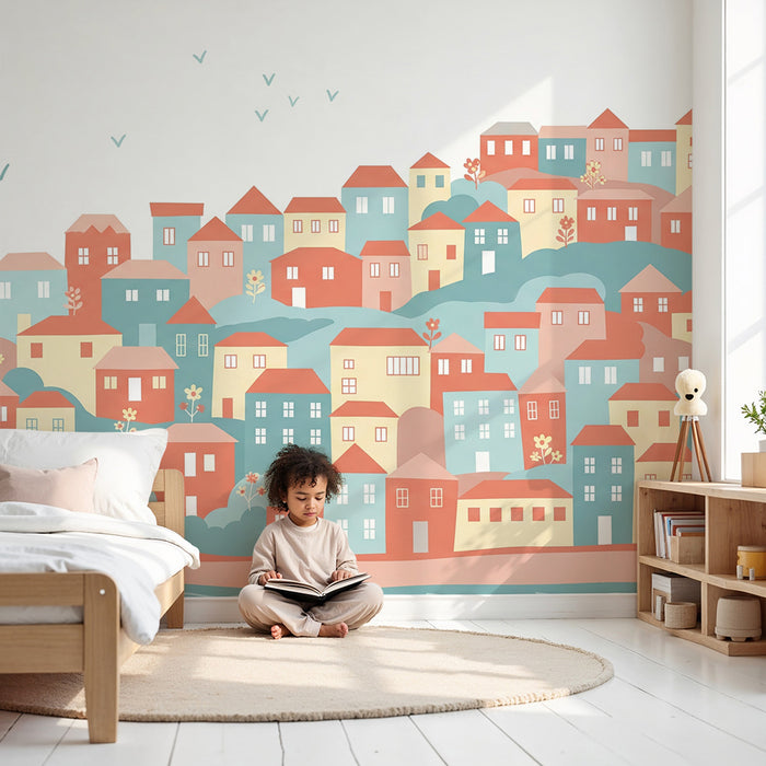 Papel pintado infantil | Pueblo colorido con casas y flores