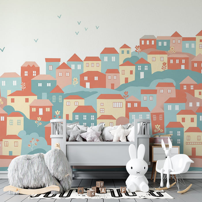 Papel pintado infantil | Pueblo colorido con casas y flores