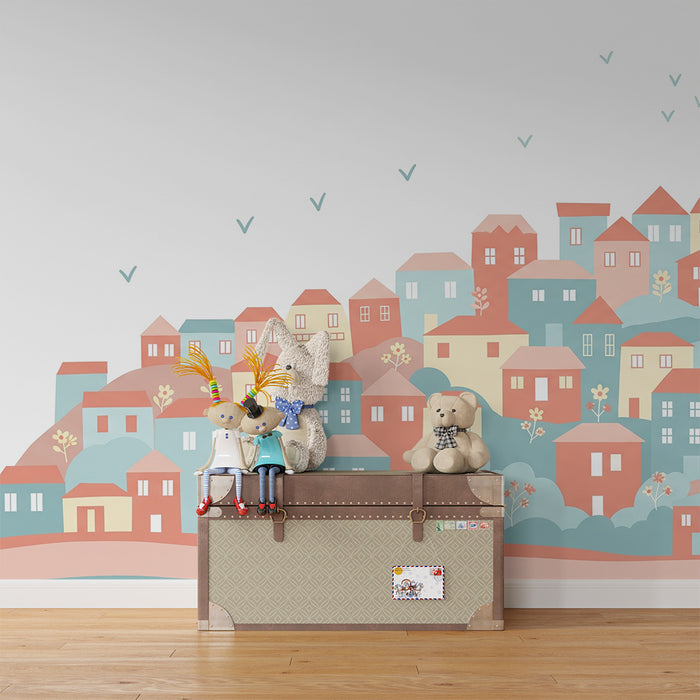 Papel pintado infantil | Pueblo colorido con casas y flores