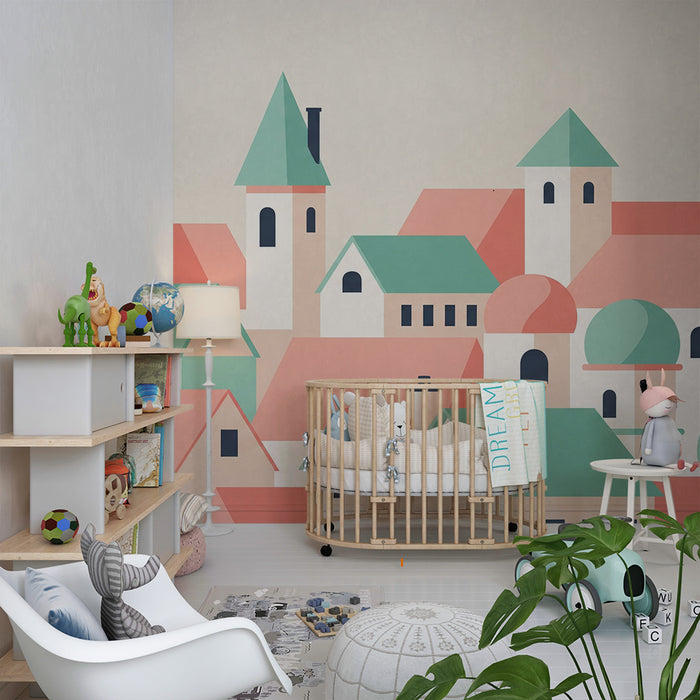 Kinderzimmer Tapete | Bunt bemaltes Dorf mit stilisierten Häusern und pastellfarbenen Dächern
