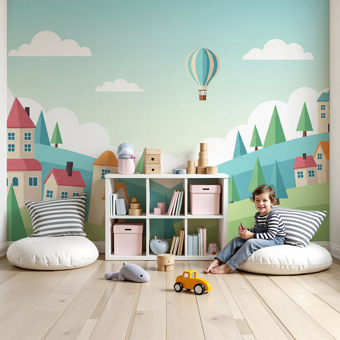 Kids room wallpaper | Colorful village with hot air balloon and gentle hills