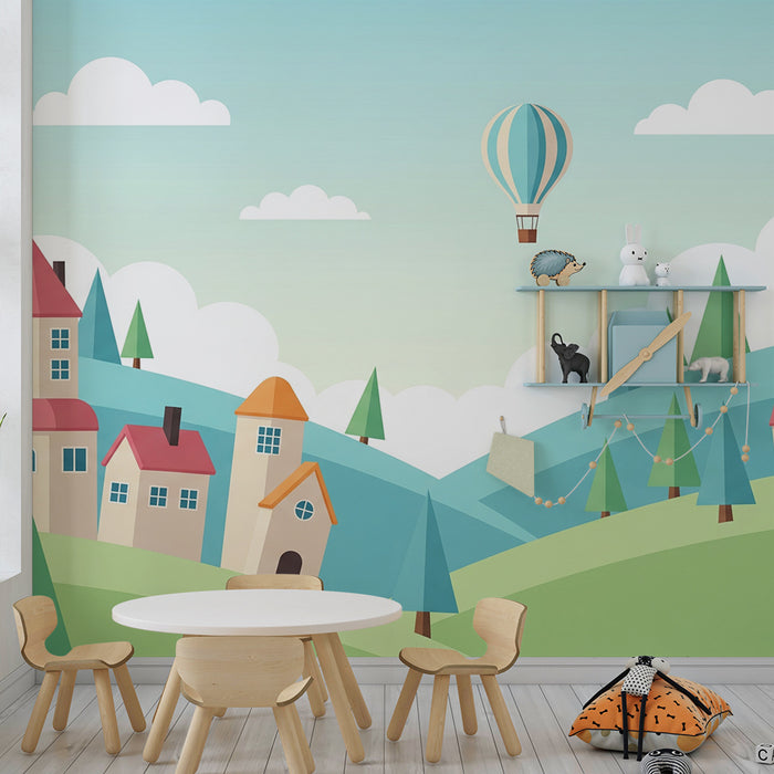 Kids room wallpaper | Colorful village with hot air balloon and gentle hills