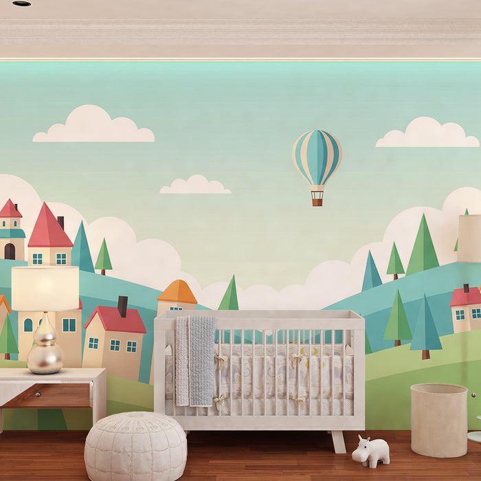 Kids room wallpaper | Colorful village with hot air balloon and gentle hills