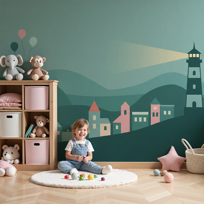 Kids room wallpaper | Colorful village with lighthouse and balloons in a soothing landscape